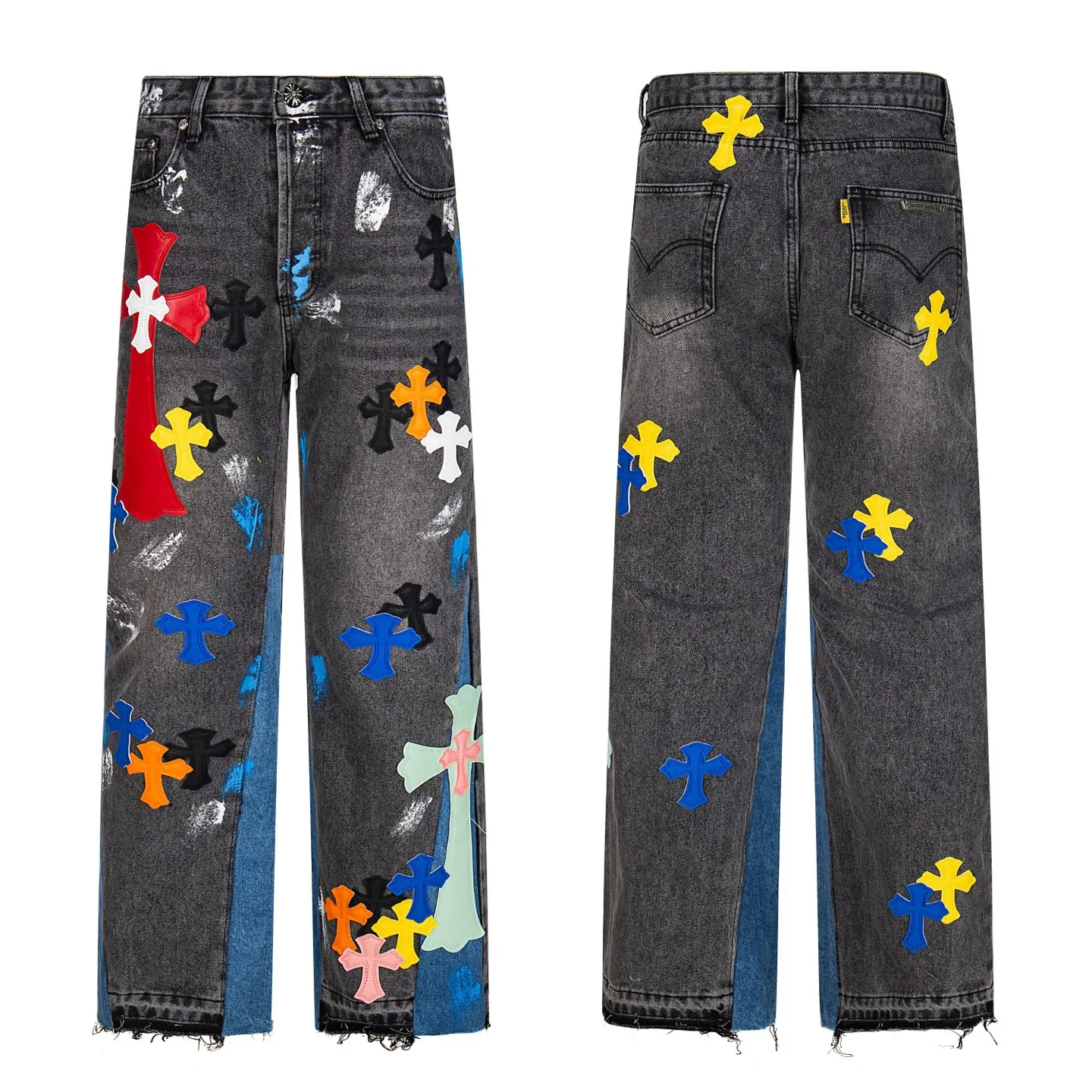 💰280 GALLERY DEPT & Chrome hearts Chrome Hearts co-branded big red logo with blue, yellow, black and white multi-color splicing washed jeans. Really restores the ultimate vintage texture. Three-dimensional version. Loose and comfortable, not picky about the figure. Makes taller and slimmer. Factory Seiko. Original quality control. Same style for men and women. Can be matched with couples. Versatile recommendation. Must-have jeans for all seasons. Fashionistas have been disappointed. From the quality selection of fabrics, the tailoring of details, and the matching of patterns, they are all impeccable! The upper body is so handsome when worn...it can be easily worn by men, women and children! The craftsmanship is made of heavy-duty washed pure cotton denim fabric. After washing, it is soft and thick. It is very stylish when worn on the body. Style number: 1757# Color: black Size: 28 30 32 34 36